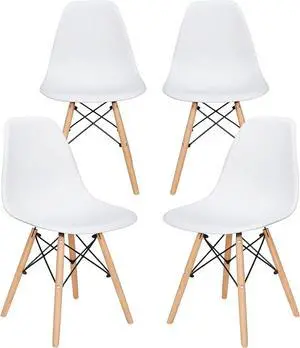 SUPER DEAL Modern Dining Chairs Set of 4 Plastic DSW Shell Lounge Chair Mid Century Side Chairs with Solid Wood Legs for Living Room, Kitchen, Dinning Room, Bedroom, White