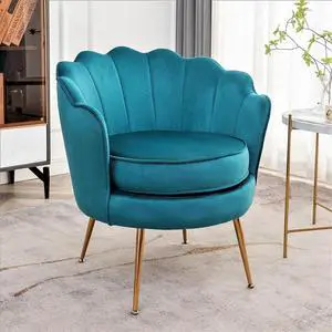 Container Furniture Direct Velvet Barrel Accent Chair with Scalloped Silhouette and Gold Metal Legs, Decorative Piece Suitable for Traditional, Modern, and Contemporary Spaces, Greenish Blue