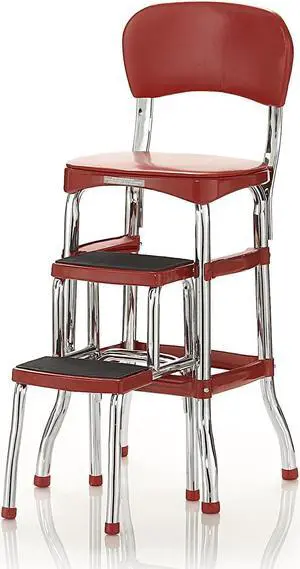 COSCO Stylaire Retro Chair + 2-Step Step Stool with Pull-Out Steps, 7 Ft. 11in Max Reach, 200 lb Weight Capacity, Steel and Vinyl (Red, one pack)