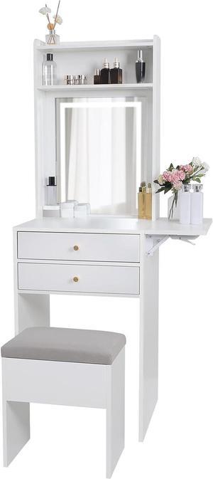 ARTETHYS Small Vanity Desk Set with 3 Adjustable Lighted Mirror and Storage Chair, Makeup Vanity Table for Small Space, White Dressing Table with Fold-up Panel for Bedroom, Welcome to consult