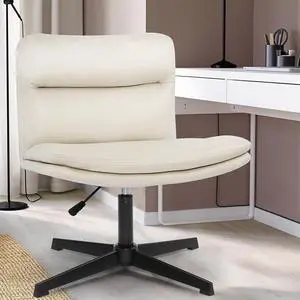 GOTMINSI Armless Home Office Desk Chair, Home Desk Chairs no Wheels Criss Cross Legged Modern Swivel Computer Chairs with Thickened Cushion,Wide Seat Task Chair for Make Up,Small Space (Beige)