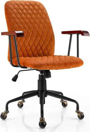 Giantex Home Office Desk Chair Orange, Vintage Adjustable Swivel Rolling Chair with Copper Wheels & Armrest, Mid Century Leisure Chair, Velvet Upholstered Computer Chair for Work, Study