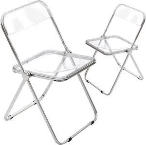 CangLong Modern Acrylic Stackable, Plastic Folding Dining Room Armless Home Comfortable Event Chair, Clear, Set of 2, Transparent + Foldable Legs, Welcome to consult