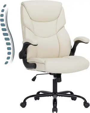 Sweetcrispy Home Office Chair, Ergonomic High Back Heavy Duty Task Chair with Flip-up Arms, PU Leather, Adjustable Swivel Rolling Chair with Wheels, Cream
