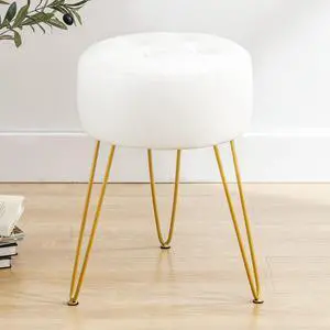 LUE BONA Faux Leather Vanity Stool Chair for Makeup Room, White Stool for Vanity, 19 Height, Tufted Vanity Chair Stool with Metal Legs, Modern Foot Stool Ottoman for Bedroom, Living Room