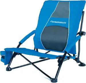 STRONGBACK Low Gravity Beach Chair with Built-in Lumbar Back Support - Heavy Duty Portable Folding Beach Chair for Adults - Blue