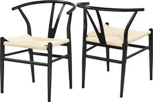Yaheetech Set of 2 Weave Arm Chair Mid-Century Metal Dining Chair Y-Shaped Backrest Hemp Seat, Black, Welcome to consult