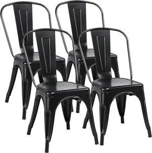 Yaheetech Iron Metal Dining Chairs Stackable Side Chairs Bar Chairs with Back Indoor/Outdoor Classic/Chic/Industrial/Vintage Bistro Cafe Trattoria Kitchen Restaurant Matte Black, Set of 4