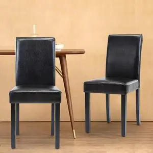 DAGONHIL Dining Chairs Set of 2 PU Leather Dining Room Chairs, Armless Upholstered Kitchen Chair with Black Solid Wood Legs, Black