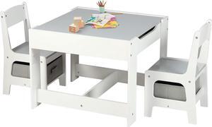 Kinder King Kids Wood Table & 2 Chairs Set, 3 in 1 Children Activity Table w/Storage, Removable Tabletop, Blackboard, 3-Piece Toddler Furniture Set for Art, Crafts, Drawing, Reading, Playroom, Grey