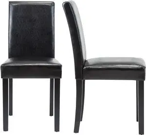 LSSBOUGHT Modern Dining Chair Set of 2 Urban Style PU Kicthen Chairs with Solid Wood Legs for Dining Room and Restaurant,(Black)