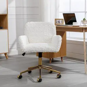 HomVent White Faux Fur Desk Chair, Modern Furry Cute Office Desk Chair,Faux Fur Makeup Vanity Chair with Wheels & Gold Base, Adjustable Swivel Ergonomic Home Office Chair for Girl Women Bedroom Study