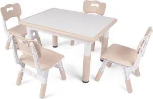 DOREROOM Height-Adjustable Kids Table and 4 Chairs Set, Toddler Table and Chair Set with Graffiti Desktop, 31.5''L x 23.6''W Children Activity Table for Daycare, Classroom, Home, Welcome to consult
