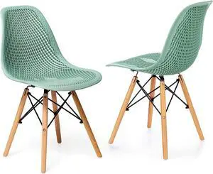 Giantex Set of 2 Modern Dining Chairs, Outdoor Indoor Shell PP Lounge Side Chairs with Mesh Design, Beech Wood Legs, Tulip Leisure Chairs, DSW Dining Chairs for Kitchen, Dining Room, Green