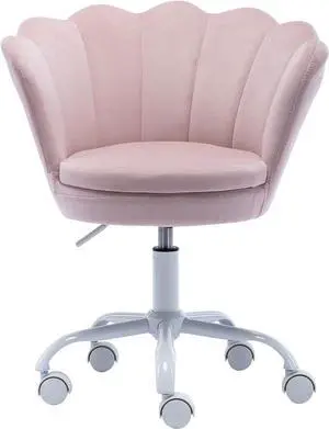 Adjustable Kids Desk Chair Cute Reading Computer Chair for Students Modern Upholstered Velvet Swivel Rolling Armchair for Girls Bedroom, Seashell Back (Light Pink)