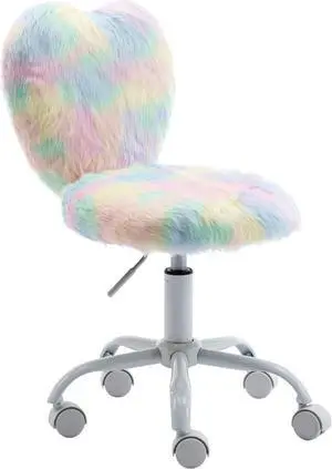chairus Kids Desk Chair Faux Fur Small Study Chair for Teenage Girls, Adjustable Heart Shaped Kids Vanity Chair for Bedroom Reading Living Room, Cute Student Task Chair with White Foot, Macaron