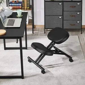 Yaheetech Ergonomic Kneeling Chair, Adjustable Rolling Knee Stool, Black | Thick foam cushions in faux leather support an upright posture; the metal frame tilts 91-130 degrees and rolls on casters. Yaheetech Ergonomic Kneeling Chair, Adjustable Rolling Knee Stool, Black | Thick foam cushions in faux leather support an upright posture; the metal frame tilts 91-130 degrees and rolls on casters.