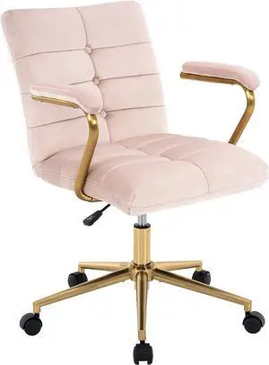 MFD LIVING Velvet Home Office Desk Chair, Upholstered Adjustable Swivel Task Chair with Wheels, Tufted Mid-Back Computer Chair with Arms, for Study Living Room Vanity (Pink, Gold Base)