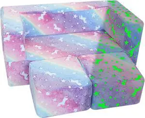 MeMoreCool Kids Couch Toddler Couch, Glow in The Dark Rainbow Kids Couch Fold Out, Baby Couch Kids Bedroom Furniture, Kids Sofa Play Couch for Playroom, Modular Kid Furniture for Bedroom Playroom