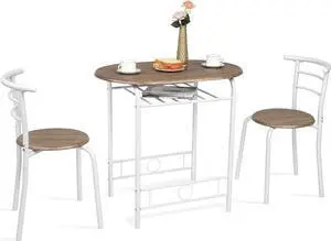VINGLI 3 Piece Dining Set,Small Kitchen Table Set for 2,Breakfast Table Set,Kitchen Wooden Table and 2 Chairs for Small Space/Dining Room/Apartment,Metal Frame,Wine Rack,White&Warm Oak