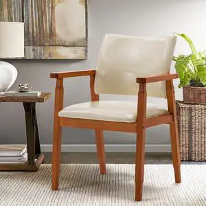 NOB Mid-Century Dining Side Chair with Faux Leather Seat in Beige, handrail Chair