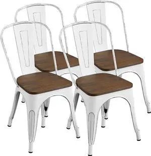 Yaheetech Metal Dining Chairs with Wood Seat/Top Stackable Side Chairs Kitchen Chairs with Back Indoor-Outdoor Classic/Chic/Industrial/Vintage Bistro Cafe Trattoria Kitchen Distressed White, Set of 4