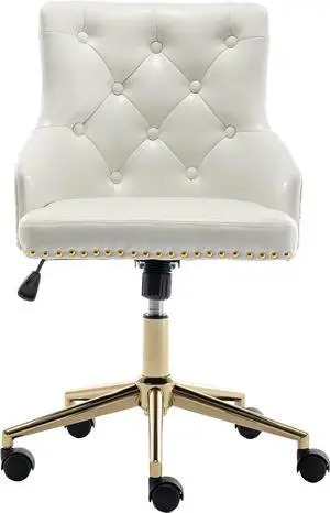 BTEXPERT White PU Leather Golden Base Home Adjustable Tufted Leisure Gold Nail Head Trim Upholstery Bedroom Study Desk Task Accent Arm Tilt Office Chair