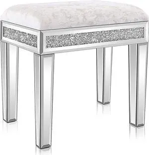 VINGLI Mirrored Vanity Stool with Storage, Upholstered Velvet Ottoman, Makeup Dressing Table Bench with Sparking Diamonds, Silver