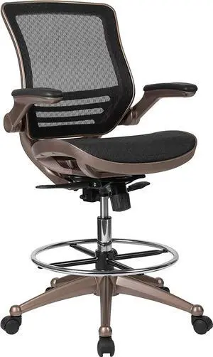 Flash Furniture Waylon Mid-Back Transparent Black Mesh Drafting Chair with Melrose Gold Frame and Flip-Up Arms, Welcome to consult