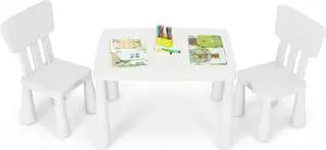 Costzon Kids Table and Chairs, 3 Piece Plastic Easy Clean Children Activity Desk for Reading, Drawing, Snack Time, Arts Crafts, Preschool, Kindergarten & Playroom, Toddler Table and Chair Set (White)