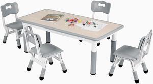 Arlopu Kids Table and 4 Chair Set, Height Adjustable Toddler Table and Chair Set, Non-Slip Legs, Graffiti Desktop, Large Children Activity Table, Reading Daycare Classroom Home (Grey)