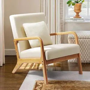 Accent Chair, Mid-Century Modern Side Chairs for Living Room, Bedroom, Balcony, Reading Room, Deeper Sitting Chair with Pillow, Comfortable Armchair with Solid Wood Frame & Soft Cushion, Beige