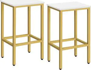 Bar Stools, Set of 2 Bar Chairs, Kitchen Breakfast Bar Stools with Footrest, 25.8-Inch Height, Rectangular Industrial Stools, for Dining Room, Easy Assembly, White and Gold BAJW0101