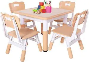 FUNLIO Kids Table and 4 Chairs Set, Height Adjustable Toddler Table and Chair Set for Ages 3-8, Easy to Wipe Arts & Crafts Table, for Classrooms/Daycares/Homes, CPC & CE Approved5-Piece Set