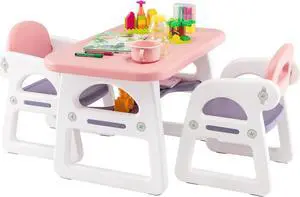 Costzon Kids Table and Chair Set, 3-Piece Plastic Activity Table with Building Blocks, Storage Shelf for Children Reading, Drawing, Writing, Arts & Crafts, Toddler Table and Chair Set (Pink)