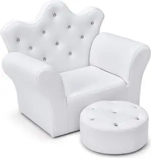 Costzon Kids Sofa, Children Upholstered Sofa with Ottoman, Princess Sofa with Diamond Decoration, Smooth PVC Leather Toddler Chair, Kids Couch for Boys and Girls, Gift for Toddlers (White)