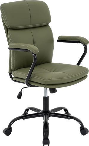 MFD LIVING Home Office Chair, Modern Upholstered Mid-Back PU Leather Task Desk Chair with Arms, Adjustable Rocking Swivel Computer Chair with Wheels (Olive Green), Welcome to consult