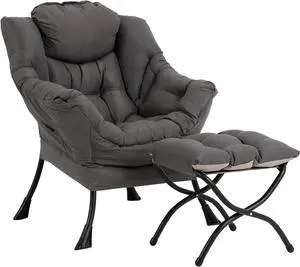 SESHINELL Lazy Chair with Ottoman, Modern Accent Chair Contemporary Lounge Leisure Sofa Chair with Armrests, Reading Chair and Folding Footstool Set for Living Room, Bedroom, Office, Dark Grey