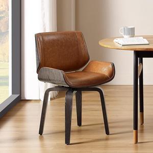 Art Leon Desk Chair No Wheels, Mid Century Modern Faux Leather Upholstered Swivel Accent Chair with Solid Wood Legs for Living Room Bedroom, Grey Oak Bentwood, Brown