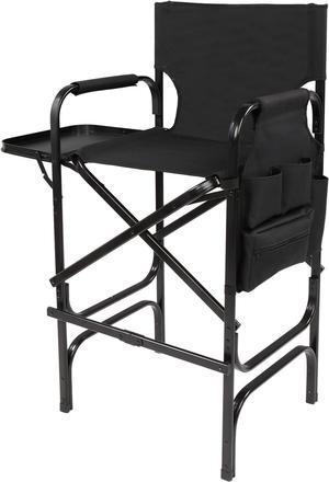 OmySalon 30" Tall Directors Chair Black Folding with Side Table Storage Bag,Aluminum Frame 300 lbs Capacity, 33.8" L x 19.2" W x 45.6" H,Portable Makeup Artist Bar Height, Welcome to consult