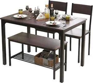soges Dining Table Set for 4, 43.3 inch Kitchen Table Set with Chairs and Bench, 4 Piece Dining Room Table Set for Small Space, Apartment, Restaurant, Rustic Oak