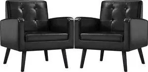 Yaheetech Mid-Century Accent Chairs, PU Leather Modern Upholstered Living Room Chair, Cozy Armchair Button Tufted Back and Wood Legs for Bedroom/Office/Cafe Black 2PCS, Welcome to consult