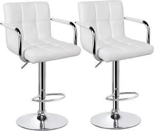 Yaheetech Bar Stools Set of 2, PU Leather Adjustable Swivel Barstools, Hydraulic Kitchen Counter Height Bar Chairs with Armrest and Back for Bar, Kitchen, Dining Room, White