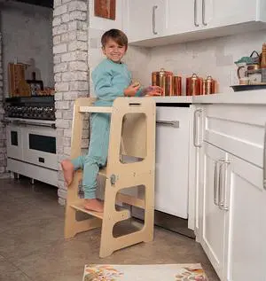 Avenlur Date 4-in-1 Kitchen Tower Montessori and Waldorf Style for Toddlers and Kids 18 Months to 6 Years - The Ideal Counter Stepping Stool with Chalkboard, Desk Table, and Chair All in One