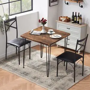VECELO 3-Piece Dining Room Kitchen Table and Pu Cushion Chair Sets for Small Space, Seating for Two, Brown, Welcome to consult