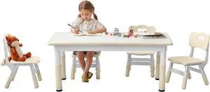 GITAWUSA Kids Study Table and Chairs Set, Height Adjustable Toddler Table and Chair Set for Kids Ages 3-8, Graffiti Desktop Plastic Children Art Table with 4 Seats, Welcome to consult