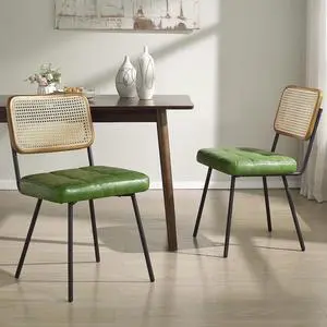 Art Leon Boho Dining Chairs Set of 2 - Mid Century Modern Dining Room Chairs with Rattan Back, Faux Leather Armless Kitchen Chairs Rattan Chair, Green