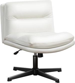 Darkecho Office Chair Armless Desk Chair No Wheels,Thick Padded Leather Home Office Chairs, Adjustable Swivel Rocking Vanity Chair, Wide Task Computer Chair for Office,Home,Make Up,Bedroom White