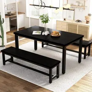 AWQM Dining Room Table Set, Kitchen Set with 2 Benches, Ideal for Home, and Room, Breakfast of 43.3x23.6x28.5 inches, Benches 38.5x11.8x17.5 Black AWQM Dining Room Table Set, Kitchen Set with 2 Benches, Ideal for Home, and Room, Breakfast of 43.3x23.6x28.5 inches, Benches 38.5x11.8x17.5 Black