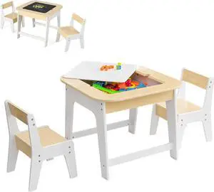 Costzon Kids Table and Chair Set, 3-in-1 Wooden Activity Table with Removable Tabletop, Blackboard & Whiteboard, Storage Space, Toddler Furniture for Arts, Crafts, Nursery, Preschool (Natural)